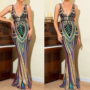 Luxe plunging V neckline backless prom formal party sequins gown dress